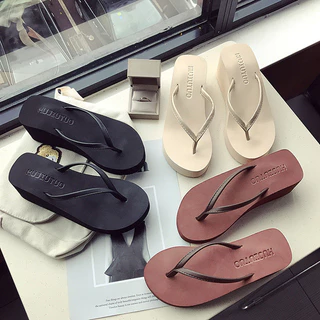 Shoe Avenue Đế Dày Flip-Flops Nữ Thời Trang Mùa Hè Mặc Ngoài Đi Biển Dép Hàn Quốc Đen Vừa Cao Nêm Gót Flip-F