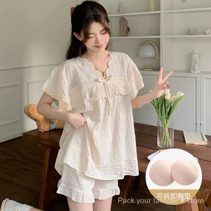 Phong Cách Nhật Bản ins Bong Bóng Cotton Có Miếng Lót Ngực Bộ Đồ Ngủ Nữ Mùa Hè Phong Cách Mới Màu Trơn Ngọt Ngào Dễ Thương Tay Ngắn Loungewear Set