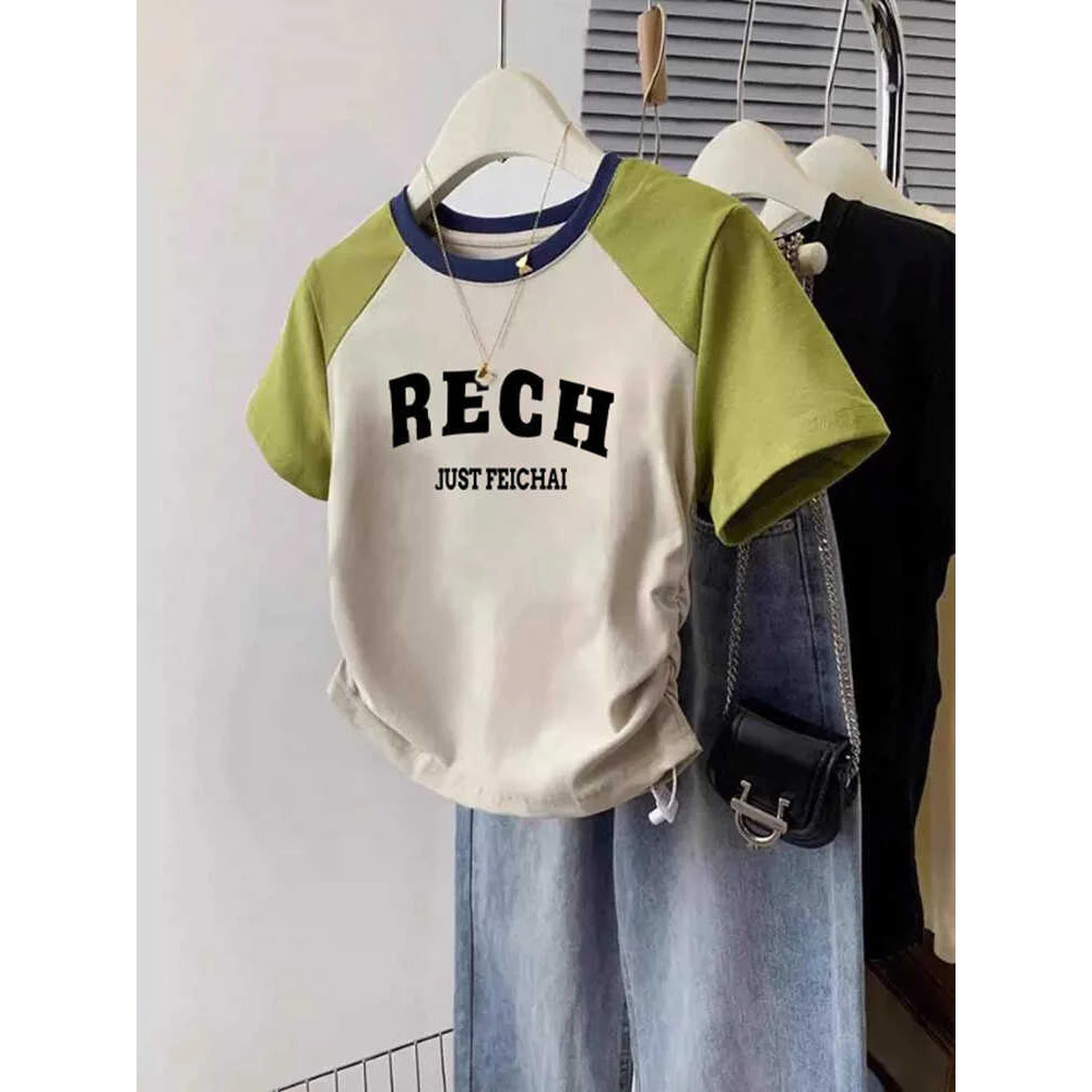 Áo baby tee Ao thun trơn form ôm babytee  Cotton Mùa Hè Phong Cách Mới Áo Thun Slim-fit Nếp Nhăn Màu Khóa Tay Ngắn