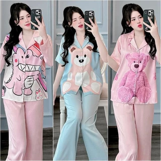 Bộ đồ ngủ pijama in họa tiết dễ thương lụa gấm xước ánh kim JUSOKA TN44