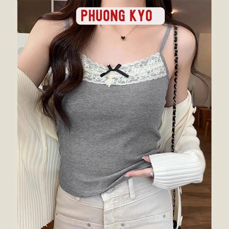 A48 - Áo Hai Dây Nữ Viền Ren Đính Nơ Có Đệm Ngực Dáng Croptop Ôm Body Vải Cotton Gân Mềm Mại