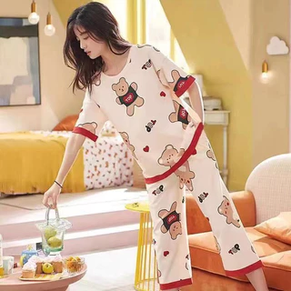 [Bộ Oversize] (40-90kg) Đồ mặc nhà bằng vải Cotton tay ngắn và quần ngắn cỡ lớn Bộ đồ ngủ in hình