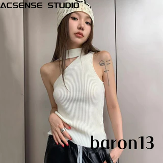 Acsense STUDIOCutting Top One Piece Cổ Cao Vintage Thanh Lịch Nữ Top