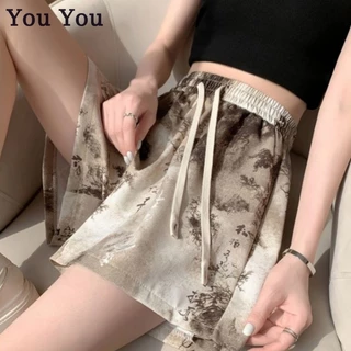 You You You Ice silk Quần short khô nhanh quần ống rộng in mực dành cho nữ Quần thường ngày