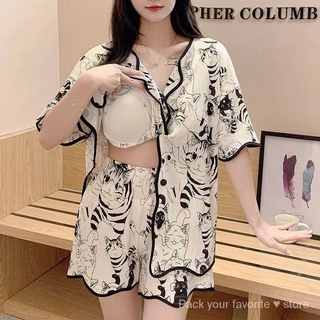 Đi kèm với Ngực Pad Bộ Đồ Ngủ Một Mảnh Nữ Mùa Hè 2024 Phong Cách Mới Cardigan Quần Short Tay Ngắn Hoạt Hình Mèo Homewear Phù Hợp Với