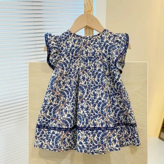 [Duo Leimi] Hàng có sẵn mùa hè Phong cách mới Váy hoa cổ điển màu xanh phiên bản Hàn Quốc cho bé gái Váy Cotton nguyên chất dễ thương Váy bé gái Váy hoa mùa hè Váy bé gái Váy bé gái