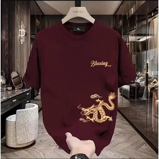 2024 Rồng CNY Chất Lượng Phong Cách Thời Trang Cotton In Chữ Cổ Tròn Áo Thun Tay Ngắn Rời Đen Trắng Đỏ Cơ Bản Áo Cho M En