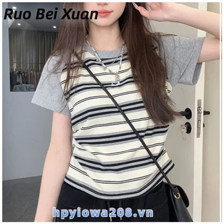 Ruo Bei Xuân Nữ Tay Ngắn Đơn Giản Cổ Tròn Sọc top Hàn Quốc hot girl Khâu Thiết Kế Màu Sắc Tương Phản Áo Thun