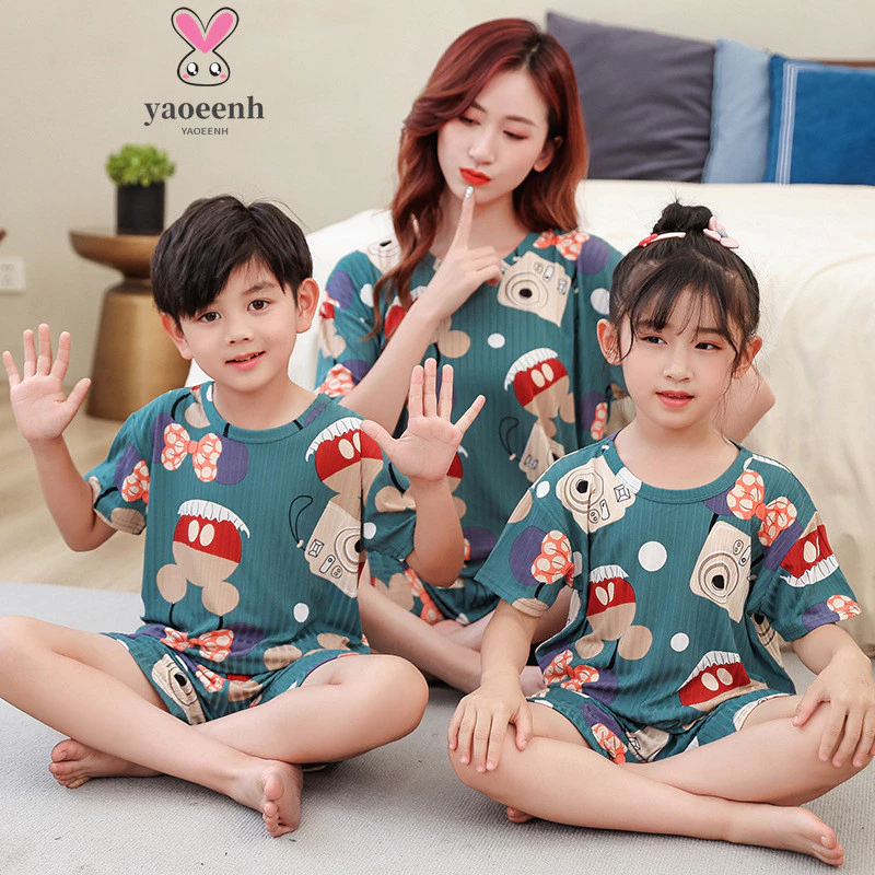 【YAOEENH】100-180cm Mùa Hè Cha Mẹ-Con Rời Thường Ngày Loungewear Vừa Lớn Bé Trai Bé Gái Hoạt Hình Quần Short Tay Ngắn Bộ Đồ Ngủ