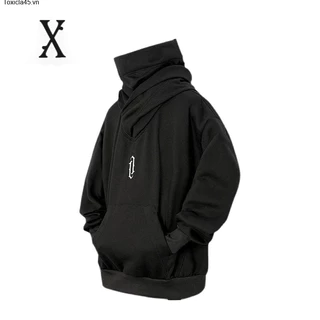 Men's high necked hoodie with wide embroidered pattern, hip-hop style, autumn and winter fashion