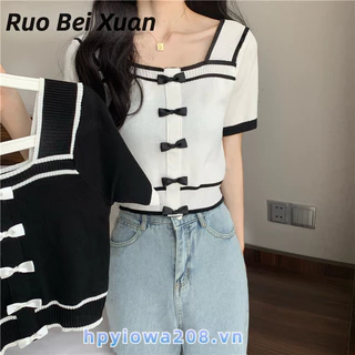 Ruo Bei Xuân Nữ Tay Ngắn Cổ Vuông Ôm Ôm Thiết Kế Nơ Áo Thun Đơn Giản Thường Ngày Đa Năng top