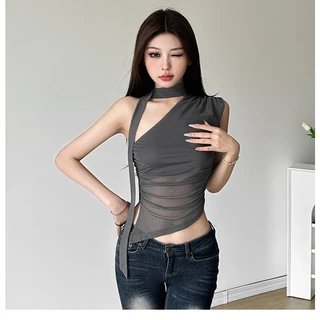 Kliou 2024 Mới Nữ Pháp Sang Trọng Phong Cách Retro Slanted Vai Không Tay Tank Top