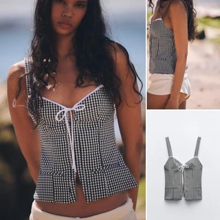 Zara 243 Mùa Hè Phong Cách Mới Móc Kim Loại Đóng Cửa Dây Đeo Vai Rộng Kiểm Tra Chặt Corset Top4661018