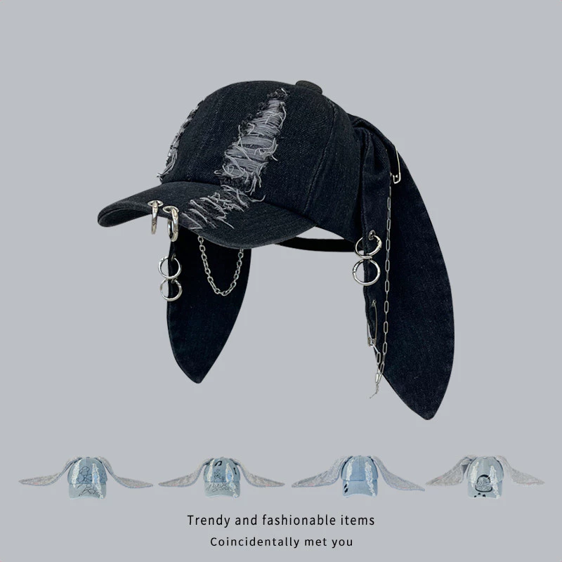 Dark Punk Tai Thỏ Đạt Đỉnh Mũ Nữ y2k Độc Đáo Phong Cách Abby Hợp Thời Trang Dây Xích Denim Rách Mũ Bóng Chày