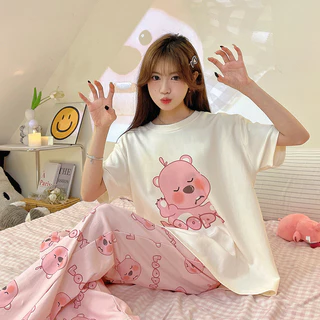 Bộ Đồ Ngủ Nữ Xuân Hè Quần Ngắn Tay In Hai Mặt Bộ Mực Cotton Sữa Lụa Loungewear Set Live