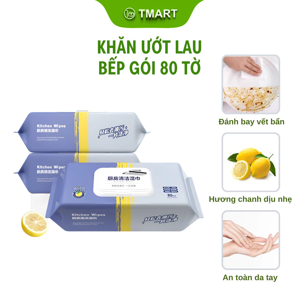 Combo 3 gói khăn ướt lau bếp siêu sạch gói 80 tờ, hương chanh thơm mát, an toàn với da tay - Tmart