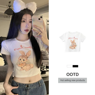 Crlnhc Hoạt Hình Mùa Hè Áo Thun In Hình Thỏ Nữ Cổ Tròn Tay Ngắn Ôm Crop Top vn