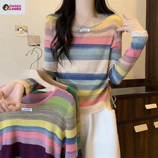 Áo sweater Dài Tay Lưng Cao Phối Dây Rút Kẻ Sọc Cá Tính