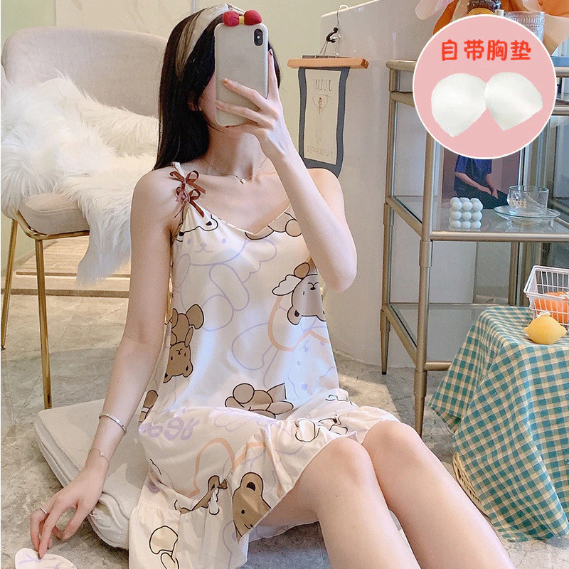 Kinh Doanh Bán Chạy Mùa Hè Sữa Lụa Sling Váy Ngủ Nữ Có Miếng Lót Ngực Bộ Đồ Ngủ Dâu Tây Gợi Cảm Xuyên Biên Giới Homewear💖（Tặng mặt nạ mắt）💖