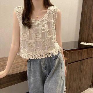 Bên Ngoài Nữ Rỗng Móc Mùa Hè Áo Vest Không Tay Bên Ngoài Mặc Áo Vest Ngắn Viền Nhỏ Camisole Top A4HL