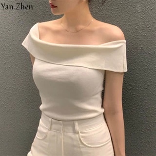 Áo thun nữ Yan Zhen lệch vai một vai ngắn tay màu trơn đơn giản khí chất gợi cảm Hàn Quốc ins hàng ngày đa năng áo vừa vặn