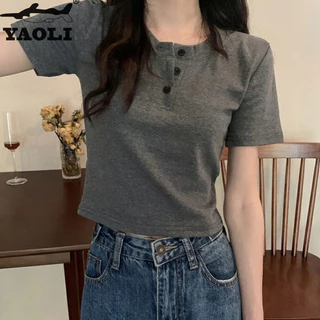 Áo thun nữ New Casual Nút tay ngắn Slim Sweet Cool Top