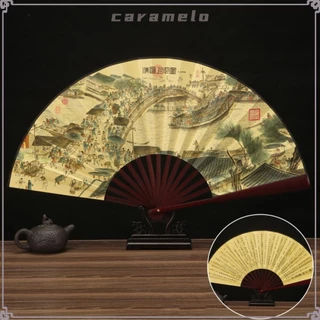CARAMELO  Quạt gấp  33.33CM, Tay cầm bằng gỗ Quạt cầm tay phong cách cổ điển Trung Quốc, Quạt lụa lớn mùa hè cổ điển mát mẻ