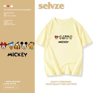 [Được ủy quyền của Disney] SELVZE Áo thun ngắn tay Cotton nguyên chất in hình Mickey Áo cổ tròn dáng rộng dành cho nữ