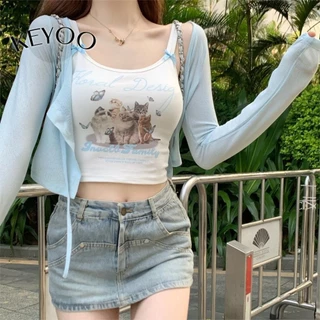 Keyoo Gợi Cảm Nữ Sling Đẹp Lưng Áo Ngắn In Hình Hoạt Hình Không Tay Top Spice Girl Mùa Hè Ngắn Top Slim Fit Camisole Dạo Phố Đi Biển Kỳ Nghỉ Thời Trang Áo Tank