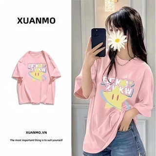 XUANMO Local brand áo thun phông form rộng 100% cotton BIG SIZE Áo thun ngắn tay in hình phong cách mới mùa hè 2024 dành cho nữ