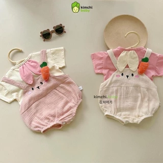 Set Áo + Yếm Cho Bé Trai, Bé Gái Sơ Sinh Từ 3-12kg KAMSAMITA Đính Cà Rốt, Bodysuit Ngắn Tay Cho Bé Mặc Hè S445