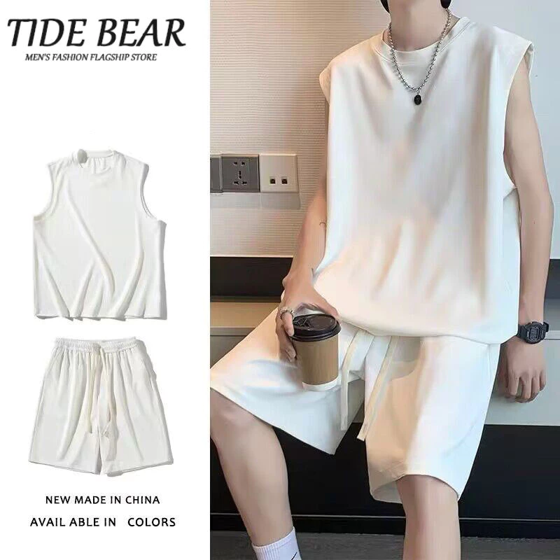 TIDE BEAR Hợp Thời Trang Capris Thường Ngày Bộ Thời Trang Mới Nam Thời Trang Mùa Hè Không Tay Tank Top Nghệ Thuật Bông Tai Kẹp Áo Tối Giản