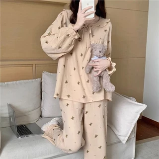 Đồ ngủ in hình gấu màu be phong cách instagram quần dài tay mẫu xuân thu cho nữ bộ đồ mặc nhà có thể mặc ngoài chui đầu