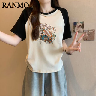 RANMO áo phông áo thun nữ croptop baby tee Casual Stylish Vintage Xu hướng WTX2450UOJ 20Z240518