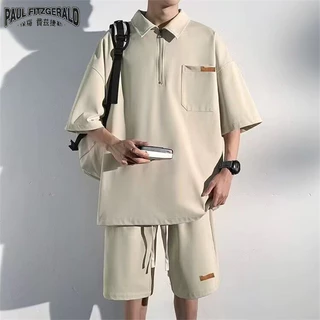 Paul FITZGERALD Bé trai mùa hè băng lụa áo sơ mi polo phù hợp với áo thun ngắn tay nửa-zip khô nhanh + quần short thể thao dáng rộng đẹp trai