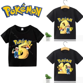 Pok é mon Áo thun đen nguyên chất Anime phổ biến Dễ thương Pikachu In kỹ thuật số Đảng ngắn tay Cotton Top Quà tặng sinh nhật Trang phục dự tiệc