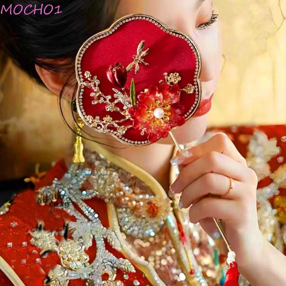 Quạt Trung Quốc Mini MOCHO1, Quạt Nhóm Cô Dâu Cầm Tay Phong Cách Trung Hoa, Bó Hoa Tay Tua Rua Cổ Có Mặt Dây Chuyền Quạt Lụa Trung Quốc Đám Cưới Trung Quốc