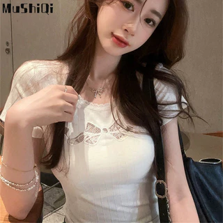 Áo thun nữ MUSHIQI Nơ ren rỗng ngọt ngào tay ngắn vai phải Slim Fit Crop Top