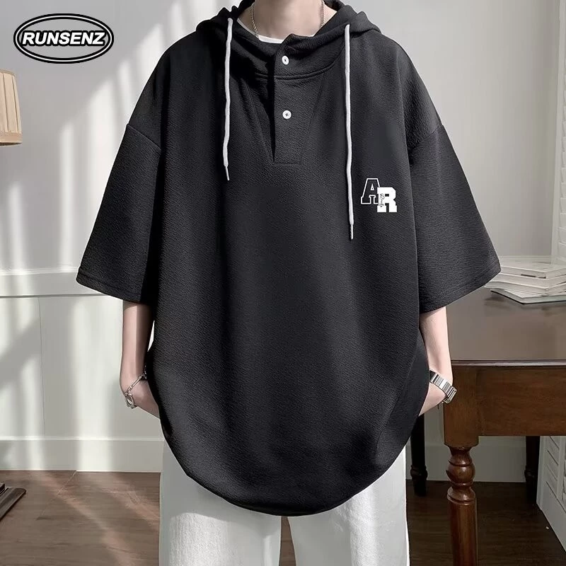 M-8xl Hàn Quốc Đơn Giản Oversize Áo Hoodie Nam Plus Size Áo Rời Tay Ngắn Có Mũ Trùm Đầu