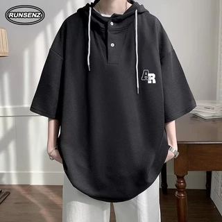 M-8xl Hàn Quốc Đơn Giản Oversize Áo Hoodie Nam Plus Size Áo Rời Tay Ngắn Có Mũ Trùm Đầu