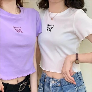 Hàng có sẵn Áo Crop Top ngắn tay thêu bướm cổ tròn dành cho nữ