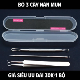 Bộ 3 cây nặn mụn đầu đen bằng thép không rỉ, có nhíp gắp mụn tiện lợi, mụn đầu đen - trứng cá (Full Box)