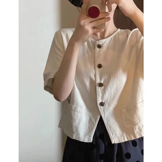 Mùa Hè Phong Cách Mới Mỏng Cotton Vải Lanh Áo Sơ Mi Ngắn Sang Trọng Áo Khoác Cao Cấp Ngắn Tay Cardigan Rời Top Nữ