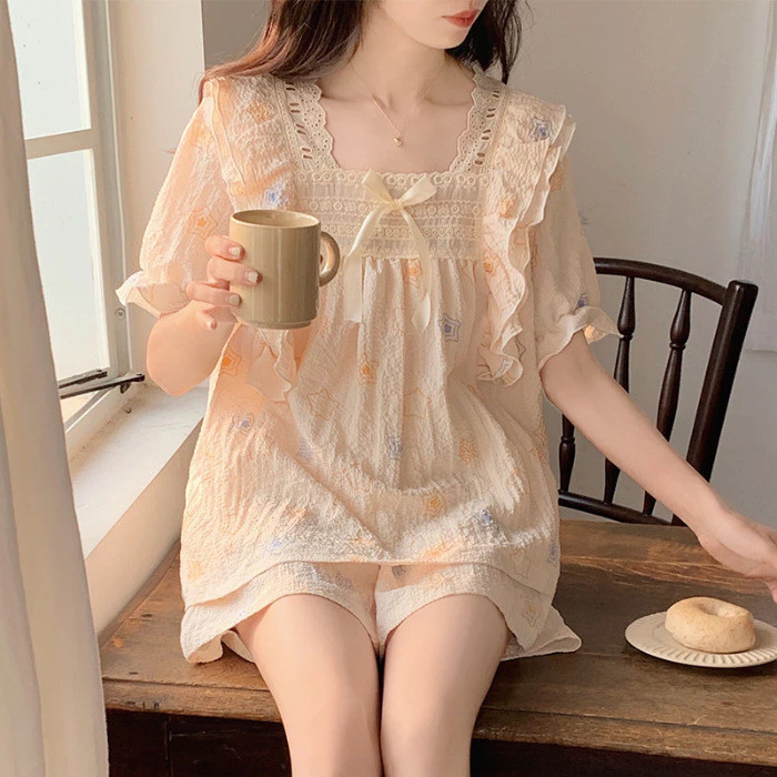 Bộ đồ ngủ ngắn tay cotton phồng mùa hè dành cho nữ, bộ đồ ngủ ren hoa dáng rộng phong cách công chúa quần áo mặc ở nhà