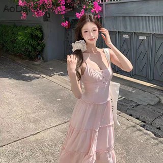 Aodaisy Pháp hồng treo váy nữ mùa hè váy chữ a giảm béo váy chữ a bên bờ biển kỳ nghỉ váy dài