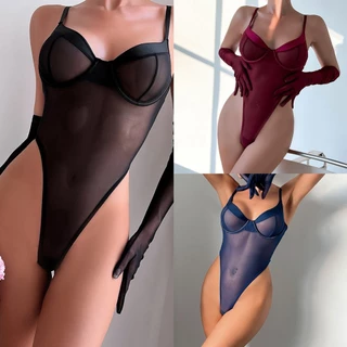 Bodysuit Găng tay hở lưng màu đen Cắt cao chắp vá Đồ lót gợi cảm Sheer Mesh