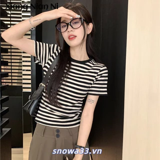 Xiang Nian Ni Nữ Sọc Đen Trắng Vai Cổ Tròn Tay Ngắn Mùa Hè Nguyên Chất Cotton Thiết Kế Sense Niche Slim Fit Giảm Béo Ngắn Top