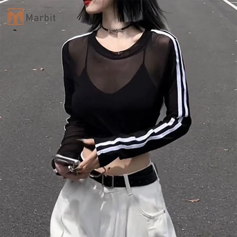 Marbit Gợi Cảm Symmer Lưới Sọc Dài Tay Thiết Kế Áo Dành Cho Nữ Mới