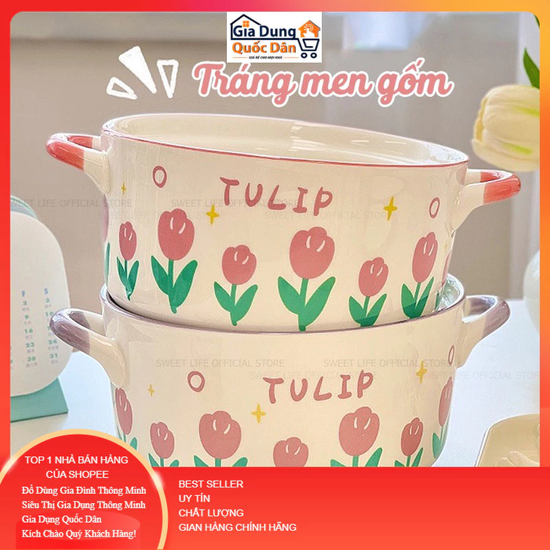 ⚡HOT⚡ Bát sứ hoạ tiết hoa Tulip có quai xách kèm nắp đậy Đa Năng, Tiện ích