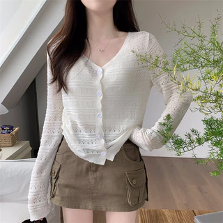 Mùa hè Mới Pháp Retro Chống Nắng Tối Giản Cổ Chữ V Dài Tay Áo Cardigan Dệt Kim Nữ 240531